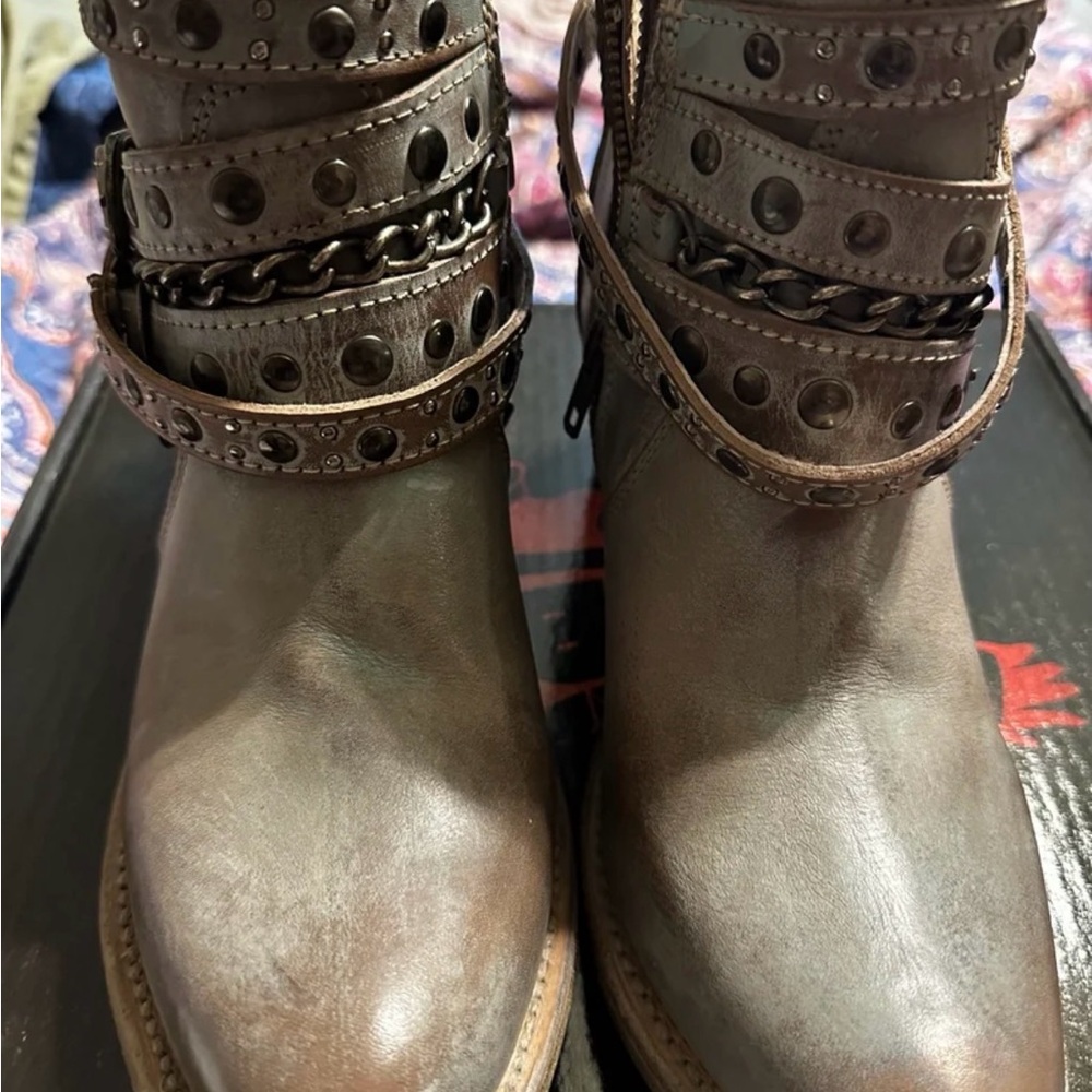 Freebird Stone Colored Heeled Boots with Studded Straps